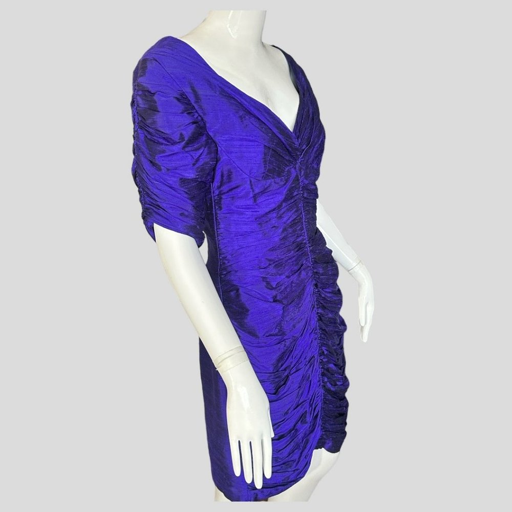 VINTAGE KANAK 100% SILK ROYAL PURPLE RUCHED DRESS (SZ 8) - Picture 5 of 12